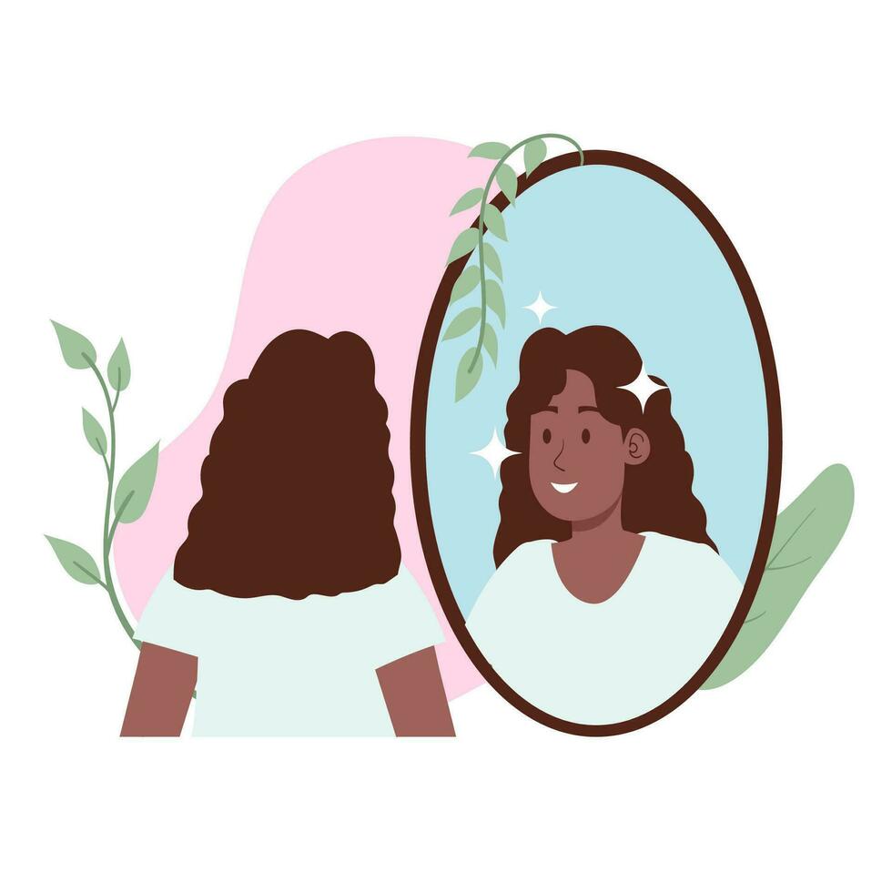 schoonheid zwart vrouw gelukkig met haar gezicht Bij spiegel zelfverzekerd met schoonheid behandeling resultaat illustratie vector