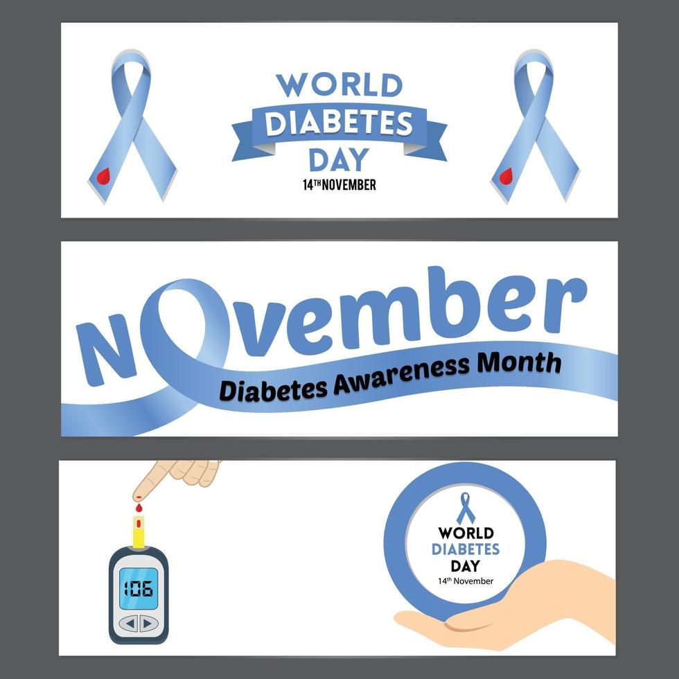 wereld diabetes dag bewustzijn banner set met blauw lint vector