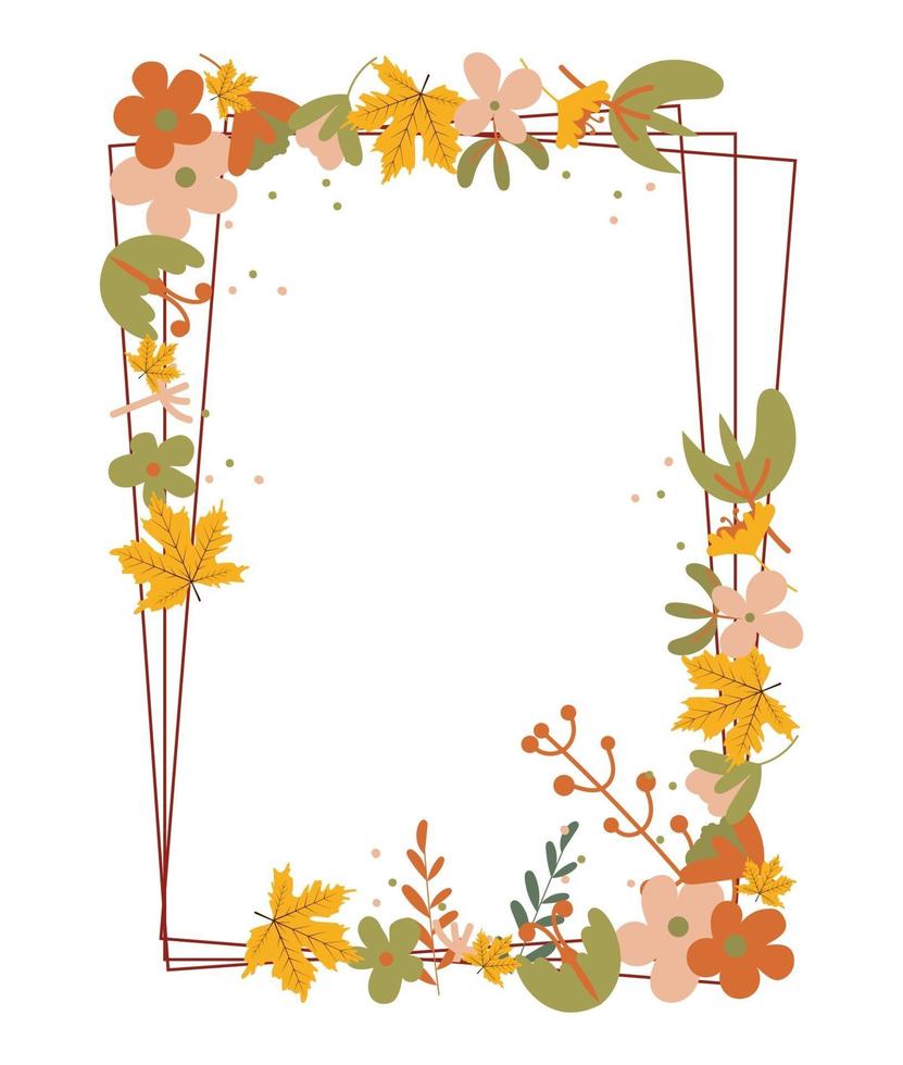 herfstframe met herfstbladeren en bloemenelementen in herfstkleuren. vector
