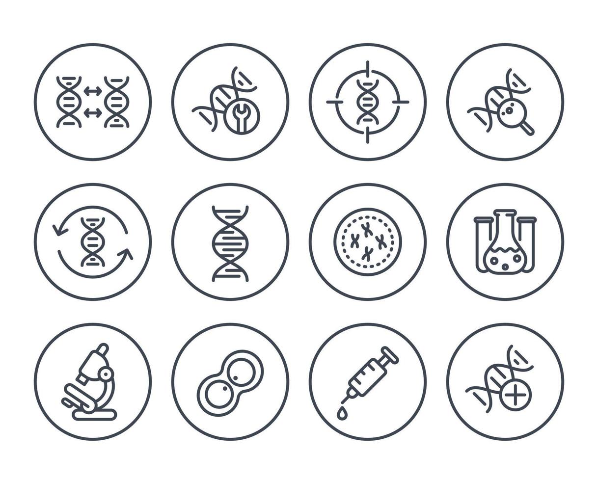 genetica lijn pictogrammen op wit, dna-keten, genetisch onderzoek vector