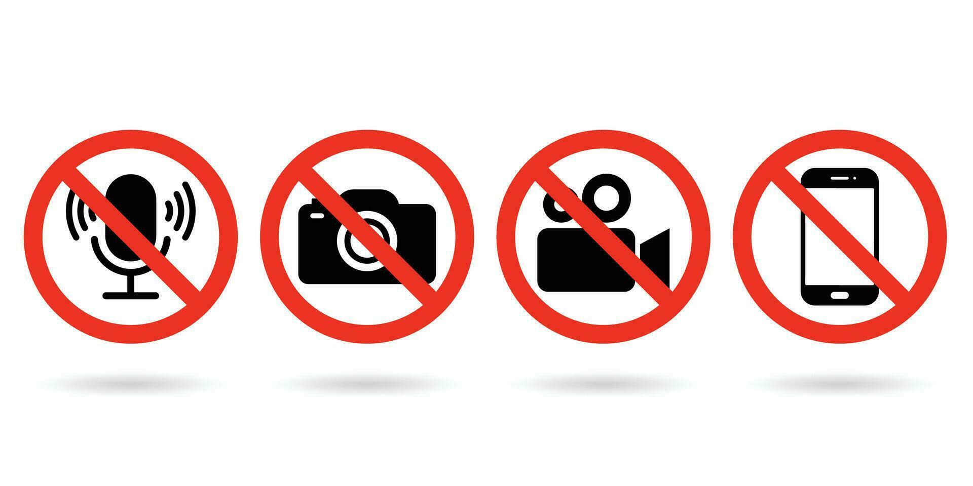 Nee video, foto, telefoon, of geluid opname verboden pictogrammen. foto, video, en telefoon verbod symbool teken set. Nee fotograferen en filmen verbieden icoon logo verzameling. vector
