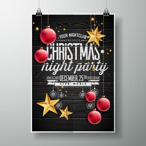 Vrolijk kerstfeest ontwerp met gouden sterren en rode ornamenten vector