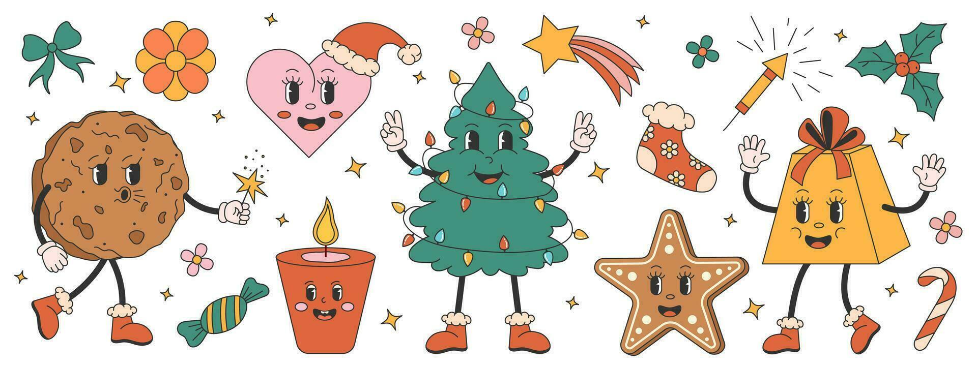 schattig Kerstmis reeks boom, geschenk, kaars, koekjes, boog, ster in groovy jaren 70 stijl. modieus retro stijl voor Kerstmis ontwerp. vector illustratie.