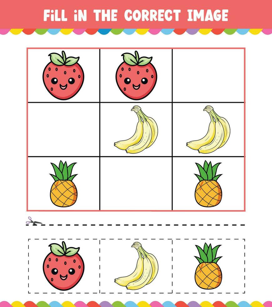 onderwijs spel voor kinderen vullen in de correct beeld met schattig fruit vector