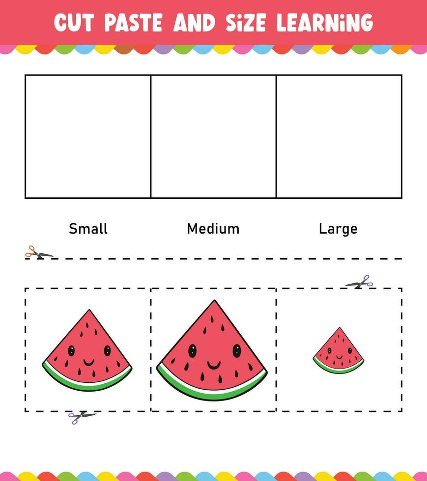 aan het leren maten besnoeiing en Plakken gemakkelijk werkzaamheid werkblad spel voor kinderen met watermeloen vector