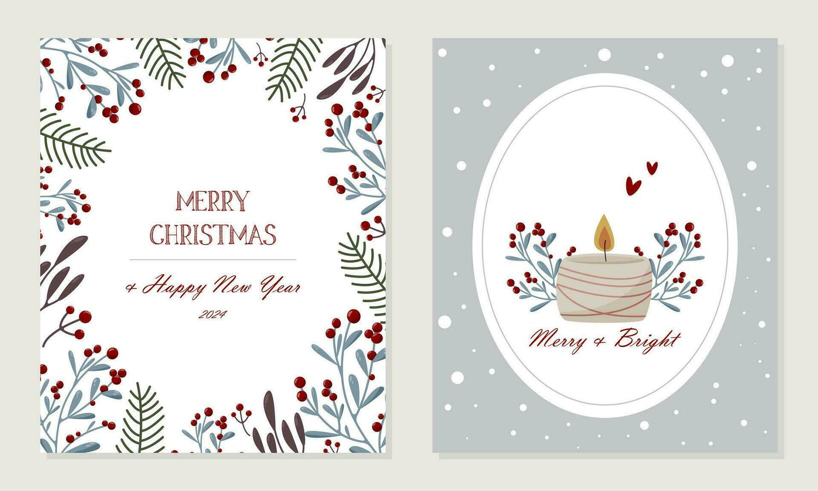 twee Kerstmis kaarten met kaarsen en bessen vector