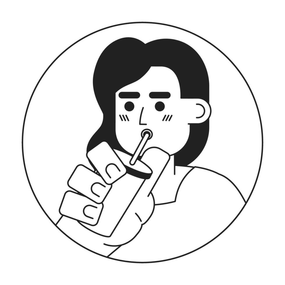 golvend haar- spaans vrouw nippen rietje zwart en wit 2d vector avatar illustratie. koffie genieten van Latijns-Amerikaans meisje schets tekenfilm karakter gezicht geïsoleerd. dame drinken milkshake vlak portret