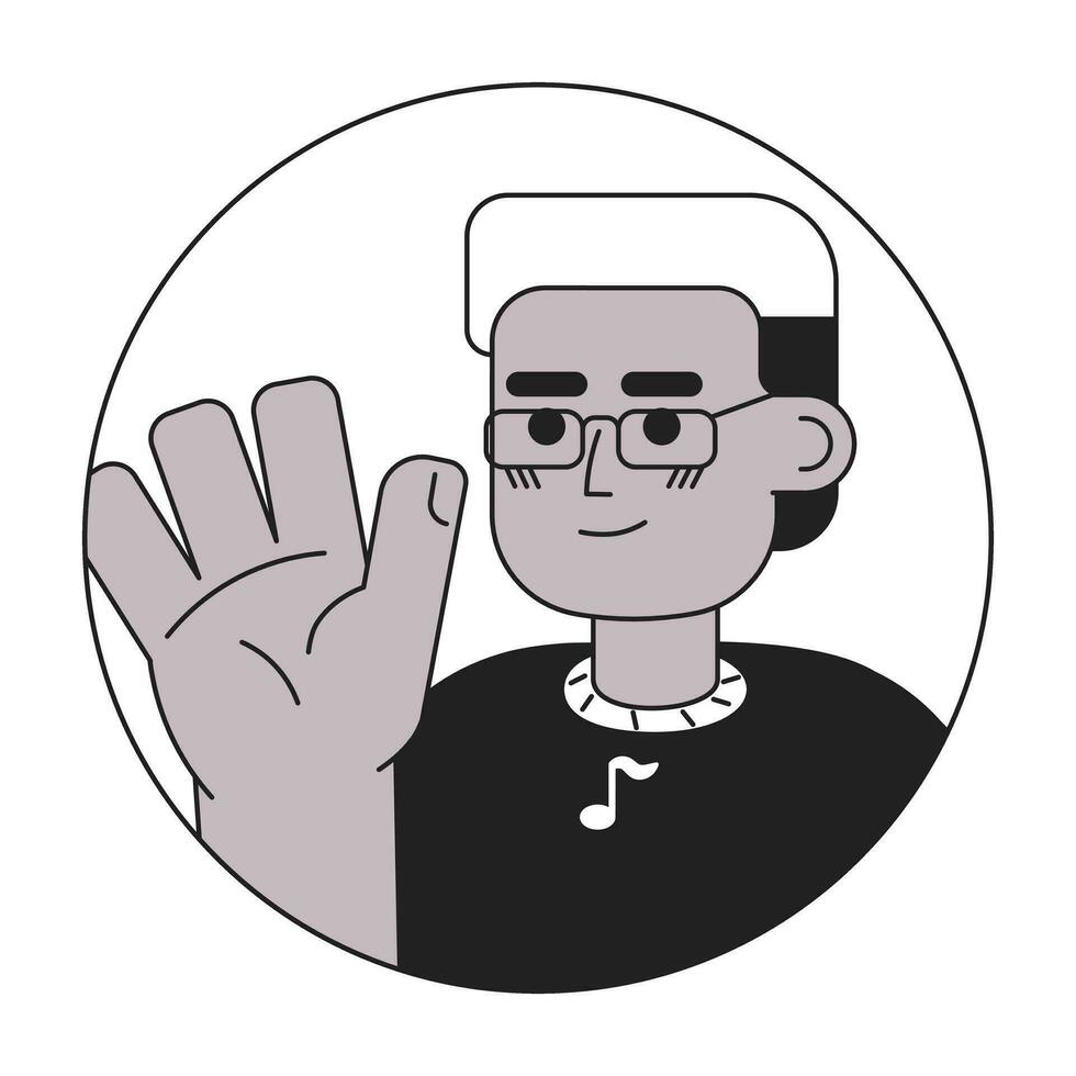 bril zwart vent golvend hand- groet zwart en wit 2d vector avatar illustratie. handgolf gebleekt haar- Afrikaanse Amerikaans Mens schets tekenfilm karakter gezicht geïsoleerd. Welkom vlak portret