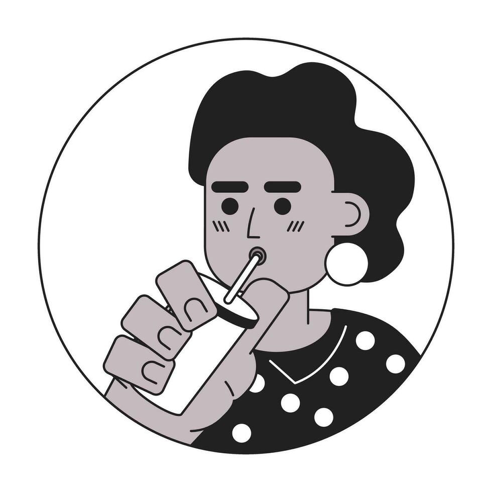 afro gekruld haar- elegant vrouw nippen rietje zwart en wit 2d vector avatar illustratie. koffie genieten van meisje schets tekenfilm karakter gezicht geïsoleerd. zwart dame drinken milkshake vlak portret