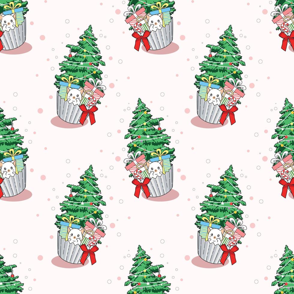 naadloze patroon kat en kerstboom in cup cake cartoon vector