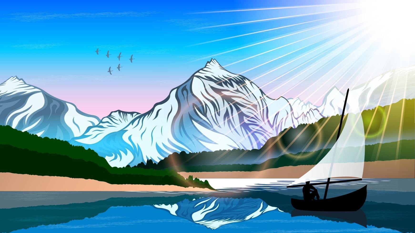 man in boot op bergen landschap achtergrond cartoon vector