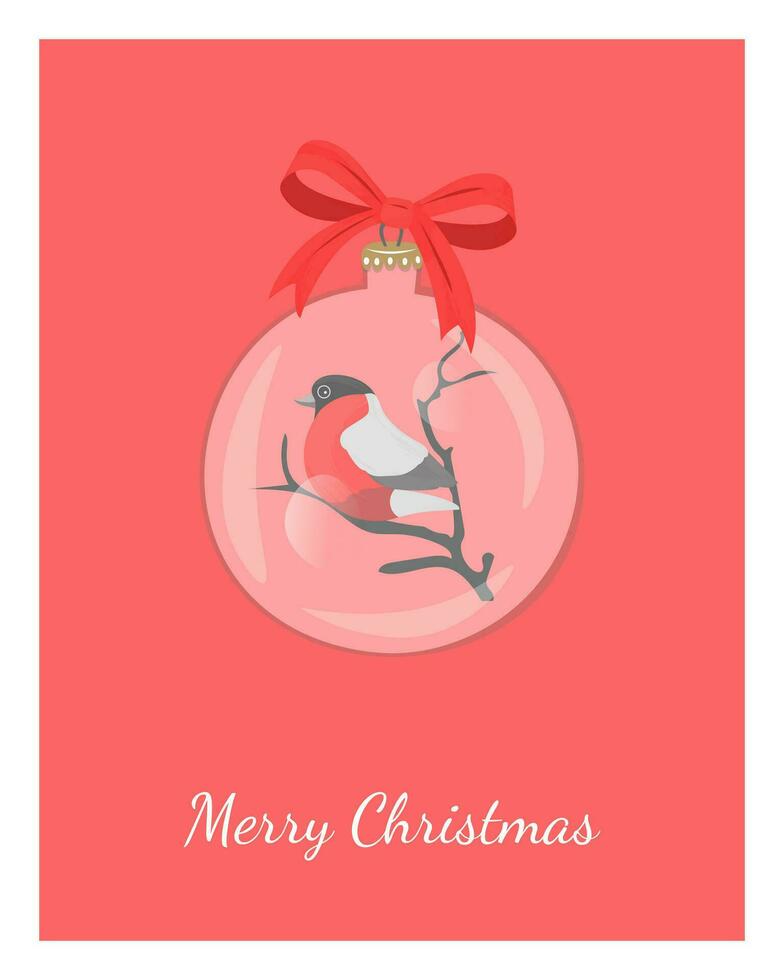Kerstmis glas snuisterij. goudvink vogel binnen transparant Kerstmis bal met rood lintje. Kerstmis groet kaart Aan rood achtergrond. vector
