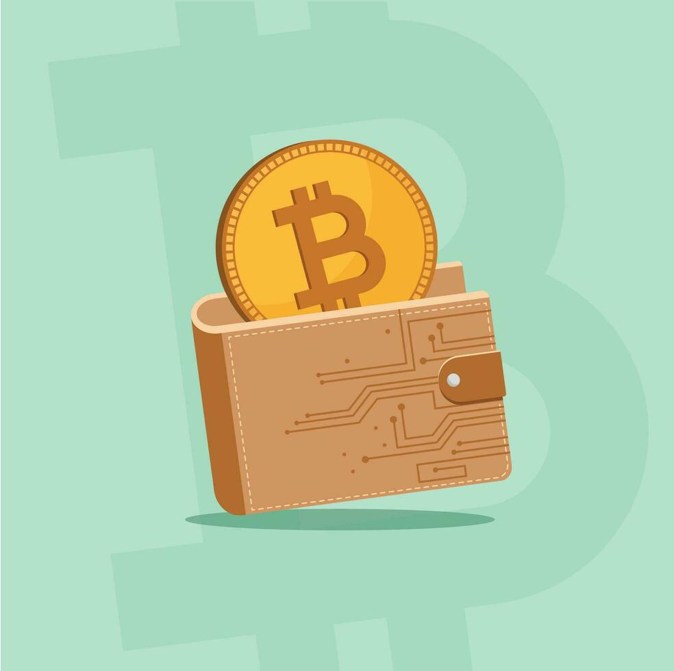 illustratie van een bitcoin met een digitaal portemonnee Aan een groen achtergrond vector