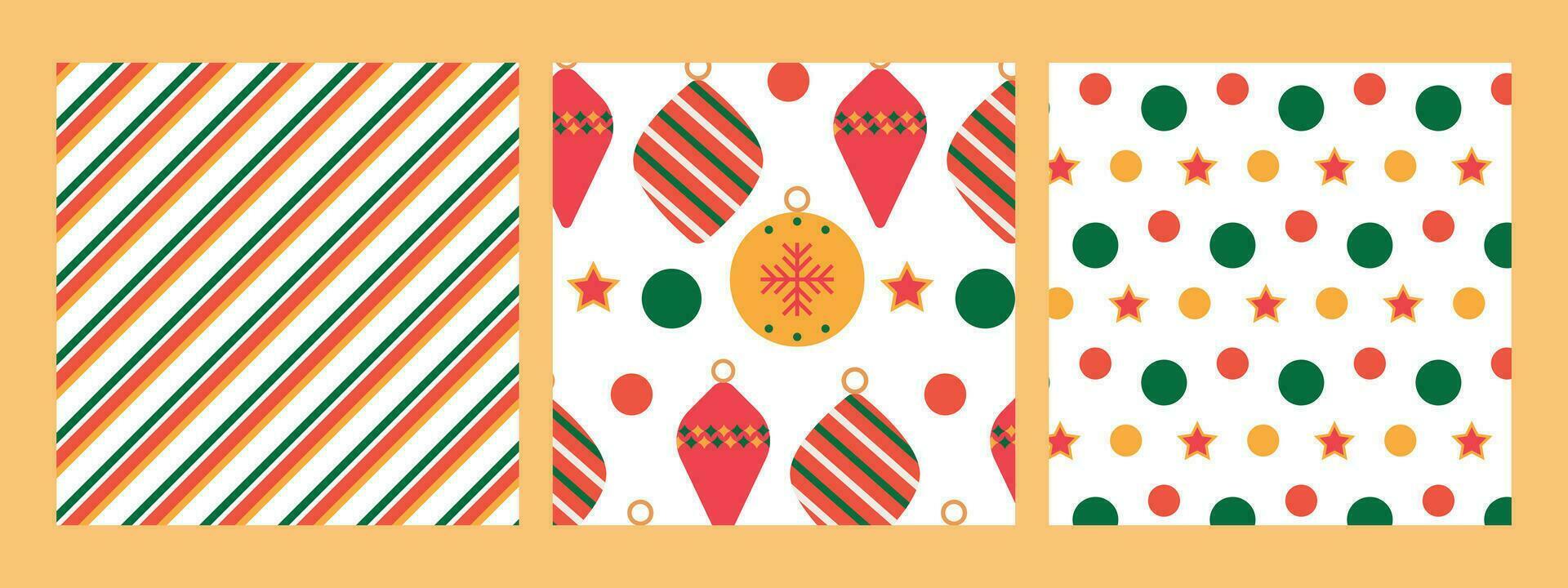reeks van nieuw jaar en Kerstmis naadloos patronen in geometrie stijl met nieuw jaar ballen en sneeuwvlokken. patronen Aan de swatch paneel. vector