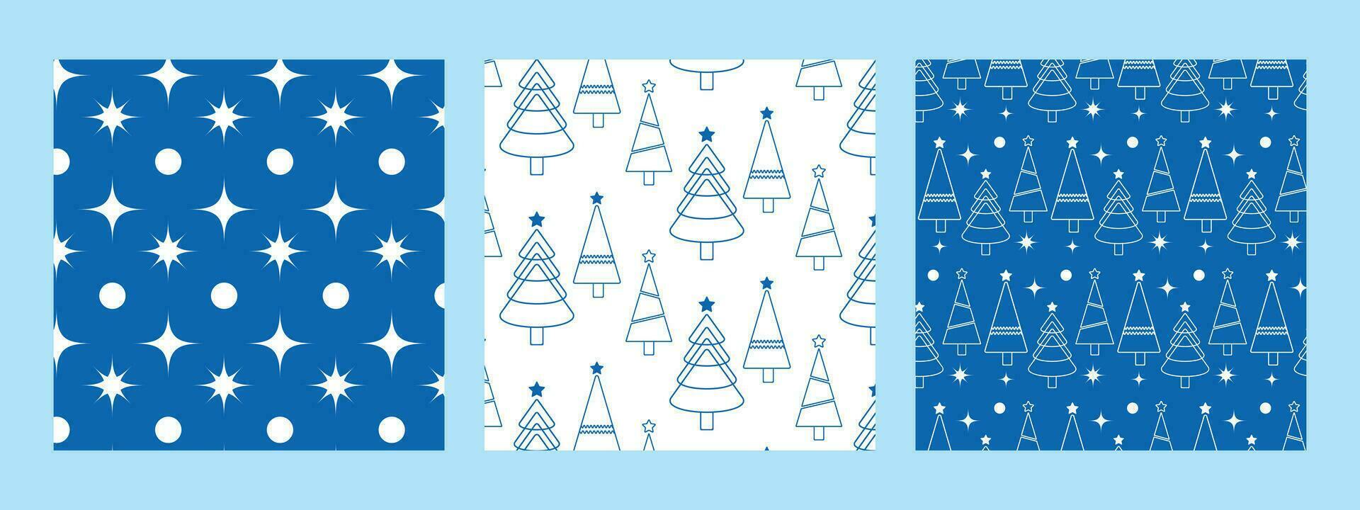 een reeks van nieuw jaar en Kerstmis naadloos patronen in blauw met Spar bomen. patronen Aan de swatch paneel. vector
