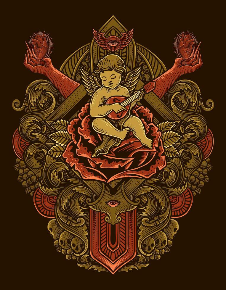 illustratie vector Cupido engel spelen gitaar zittend Aan roos met gravure ornament