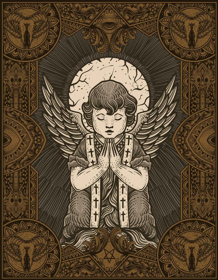 illustratie vector Cupido engel bidden met gravure ornament kader. vector ontwerp