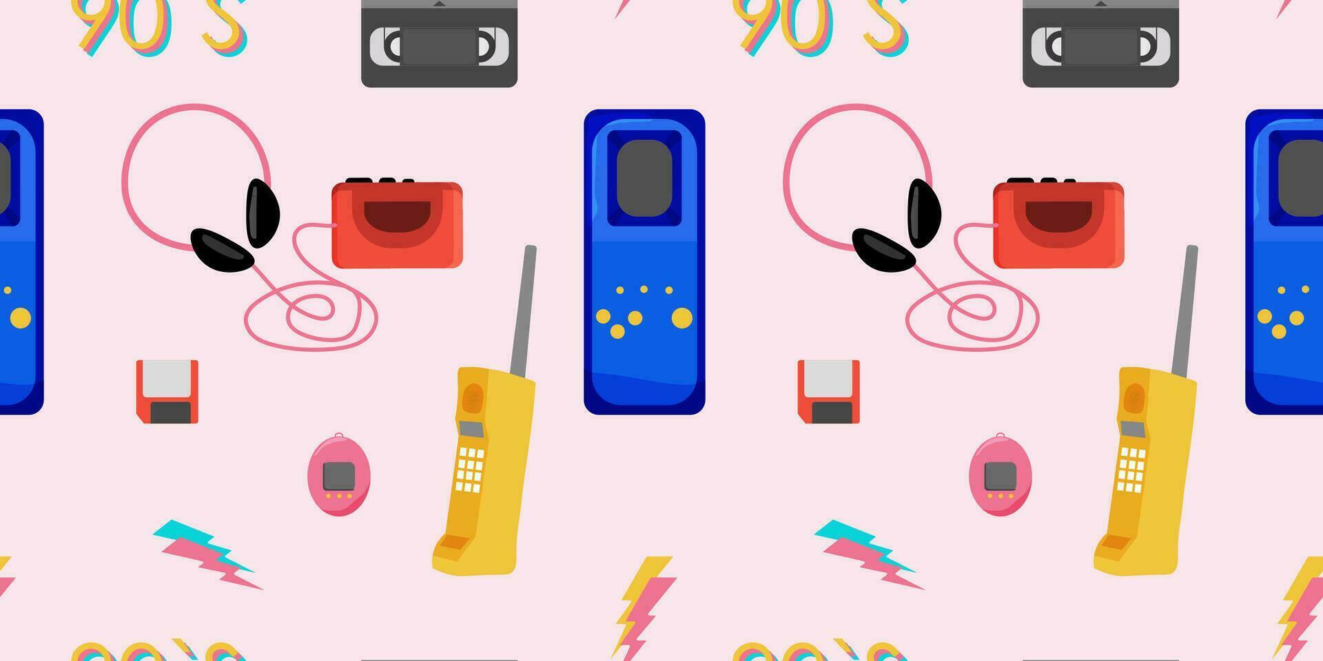 naadloos 80's 90's patroon met wijnoogst artikelen. hipster en kleurrijk stijl. vector illustratie