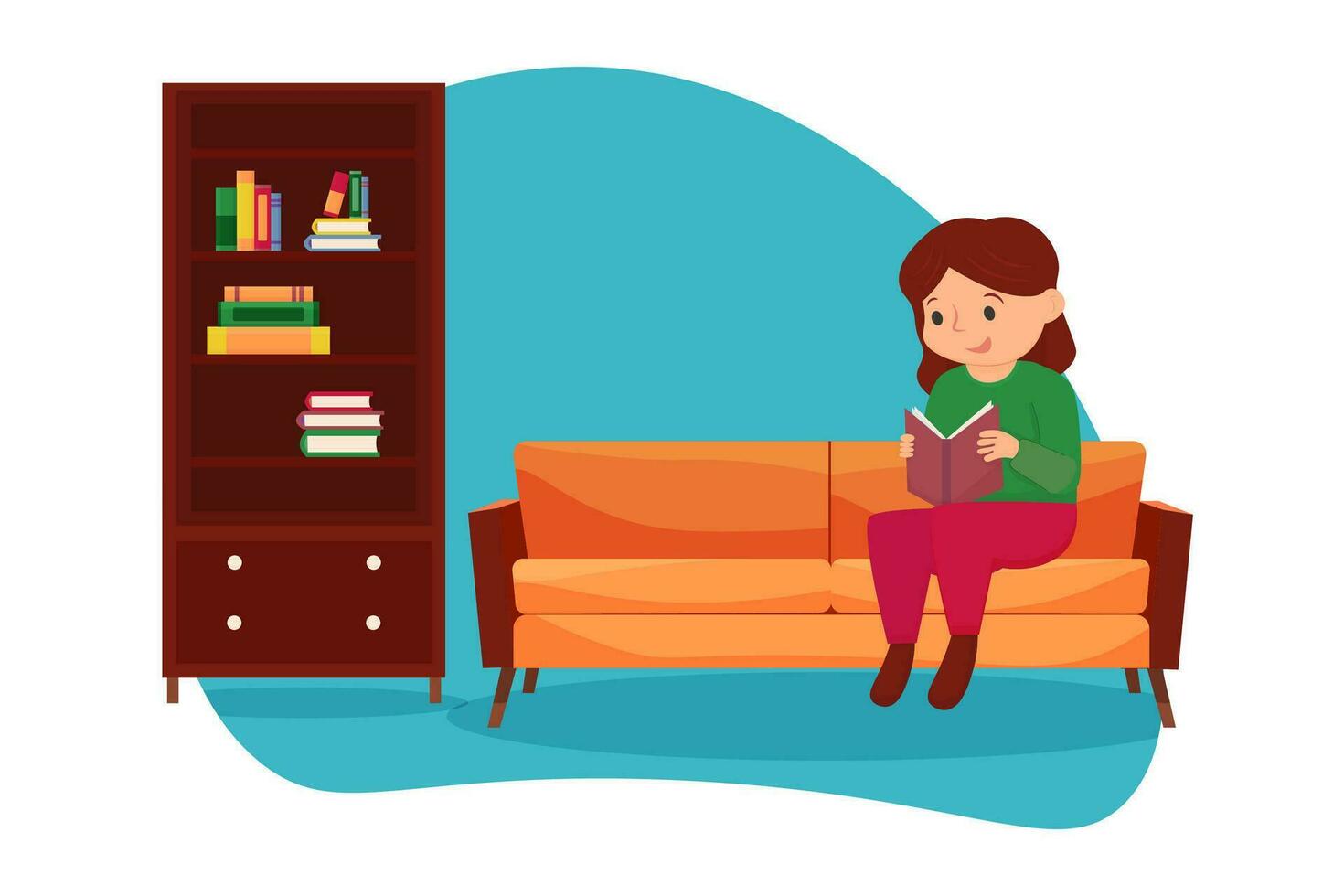 schattig meisje is zittend Aan de sofa en lezing een interessant boek. boekenkast. bibliotheek. vector illustratie