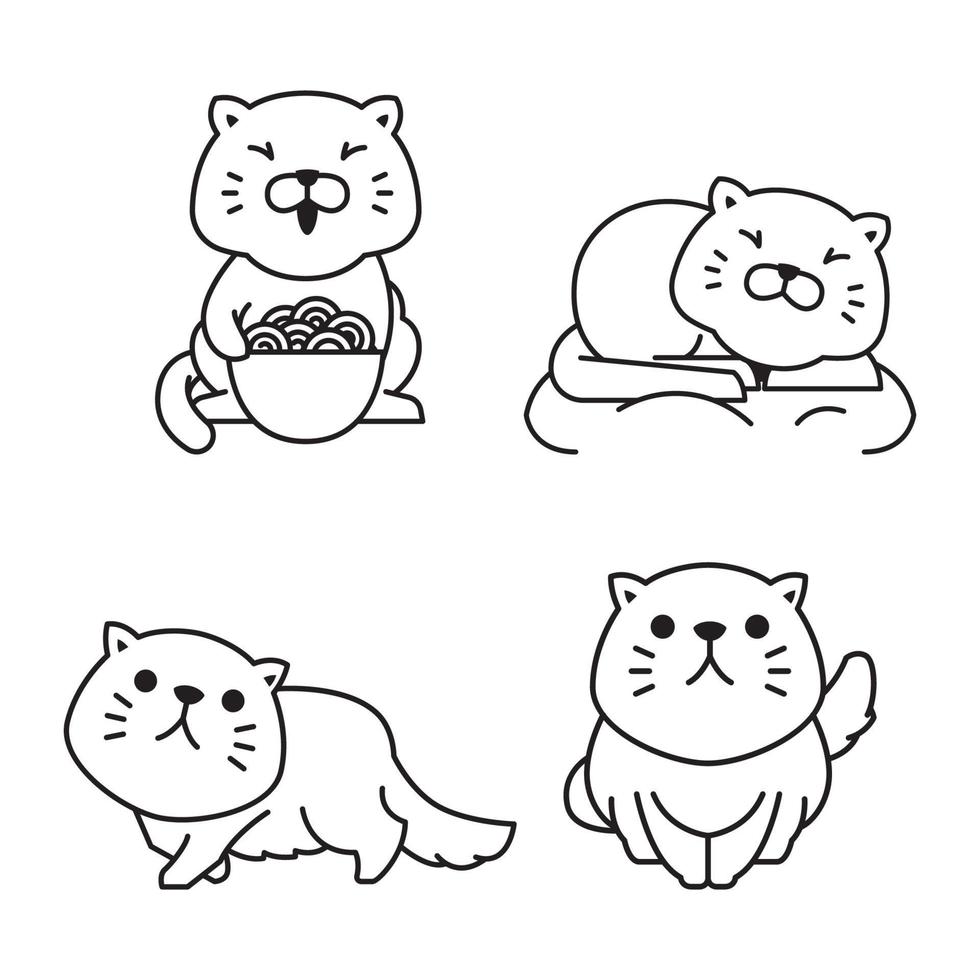 schattige dikke kat eten slapen overzicht monoline lijn doodle stijl vector