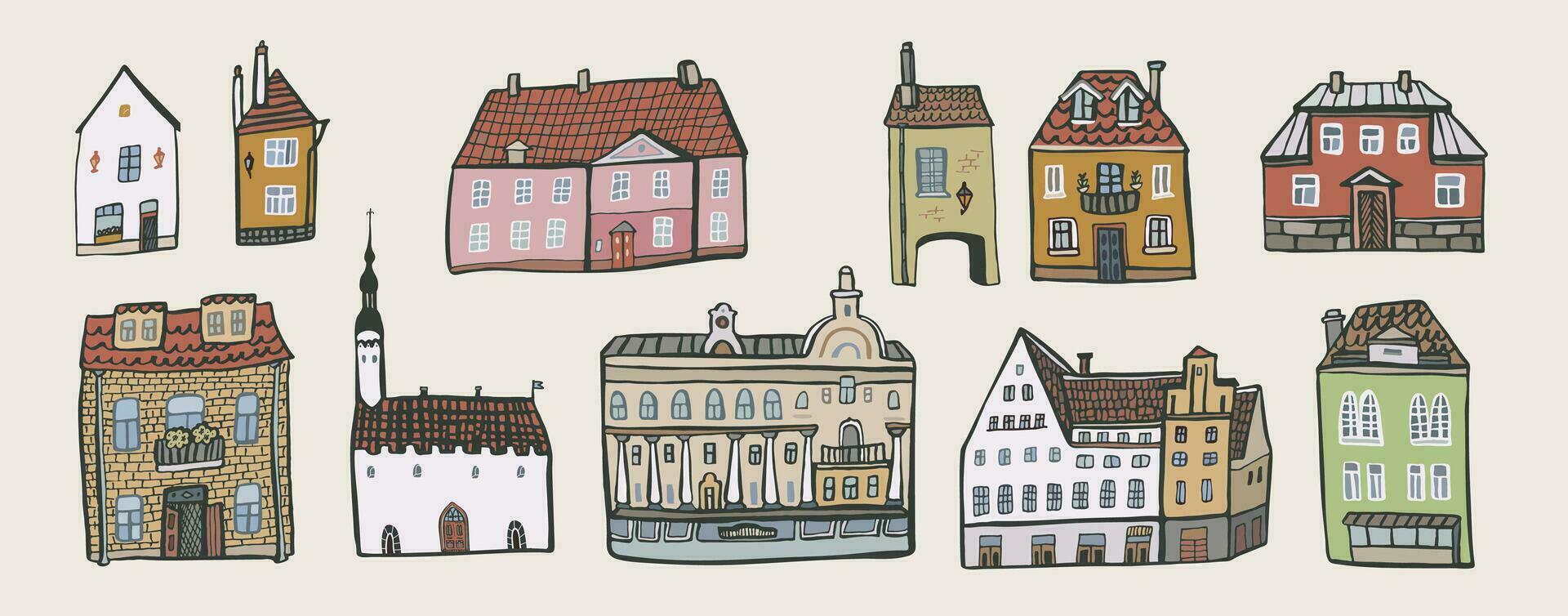 Europese huizen vector illustraties set.