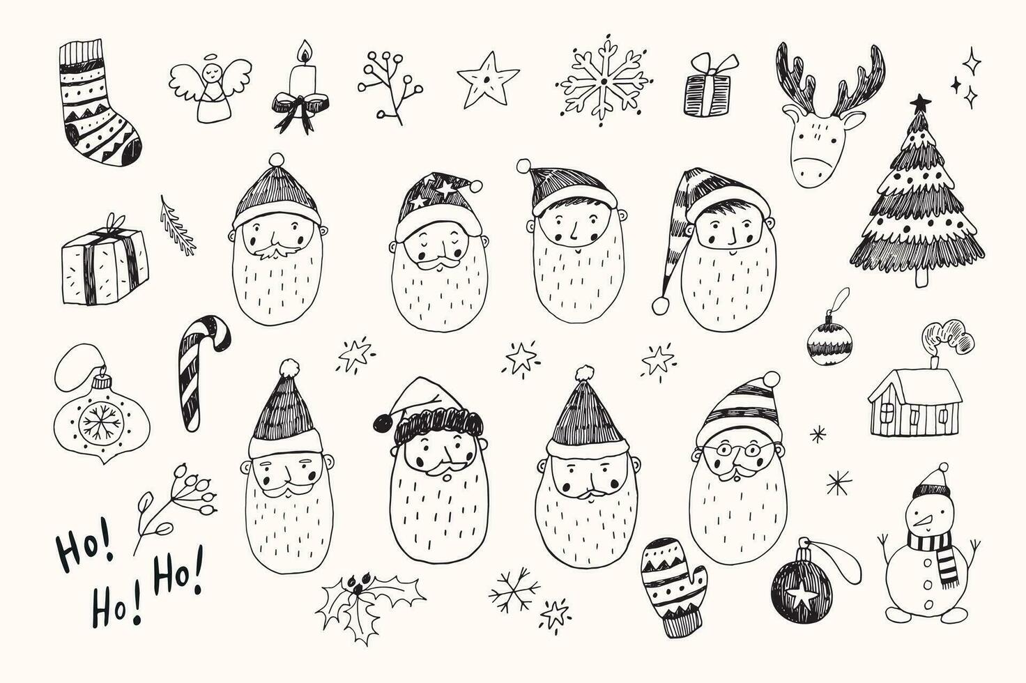 de kerstman gezicht vector lijn illustraties set.