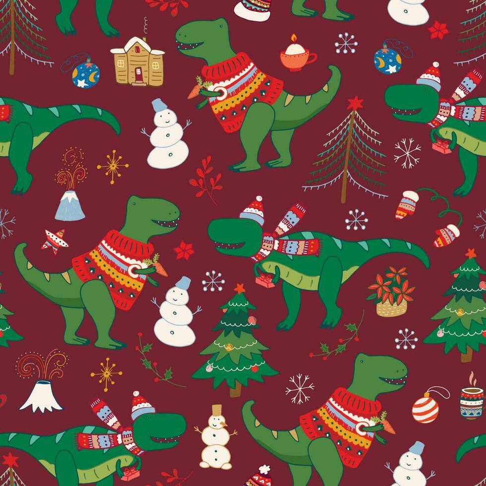 Kerstmis dinosaurussen vector naadloos patroon.