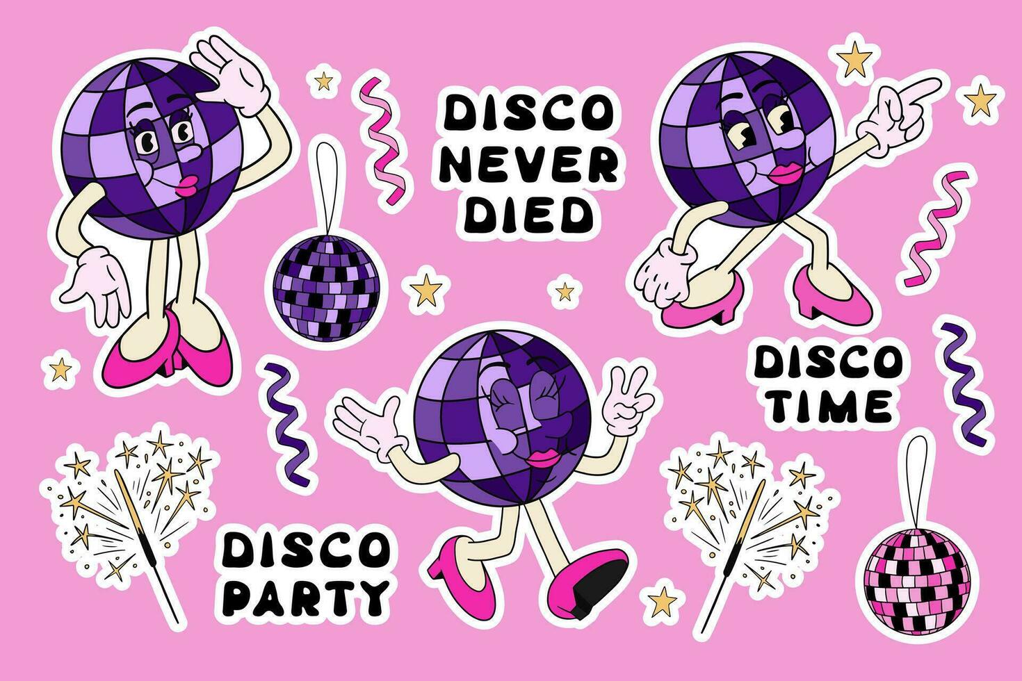 90s stijl sticker reeks met vrouw disco bal karakter. wijnoogst grappig tekenfilm karakter, disco partij verwant artikelen, groovy hand- getrokken belettering. perfect voor afdrukken, stickers, prints vector