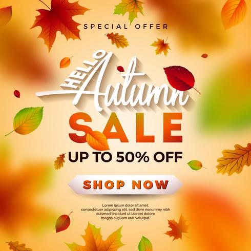 Herfst verkoop ontwerp met vallende bladeren en belettering vector