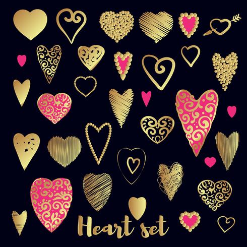 Set van goud en roze sierlijke hart vector