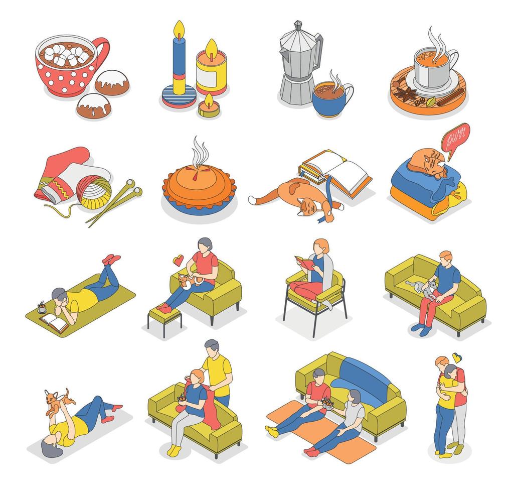 hygge levensstijl isometrische icon set vector