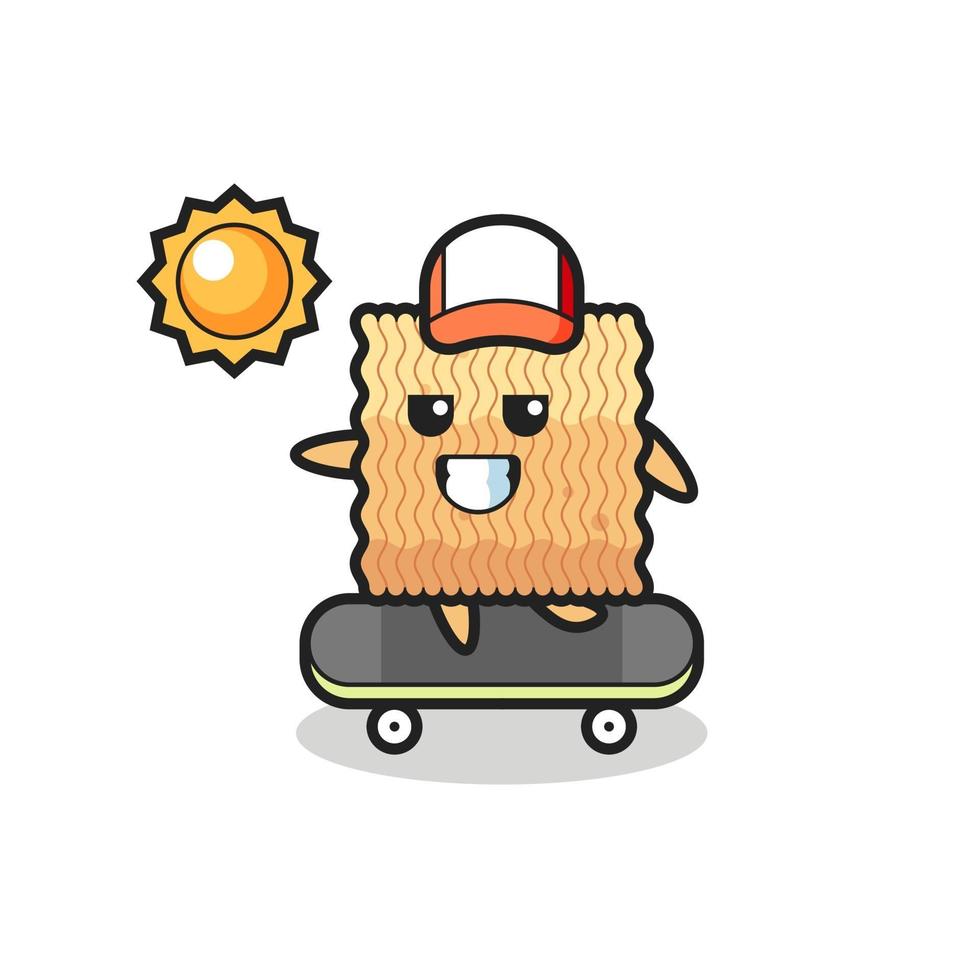 rauwe instant noodle karakter illustratie berijd een skateboard vector