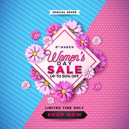 Womens dag verkoop ontwerp met mooie kleurrijke bloem op roze achtergrond. vector