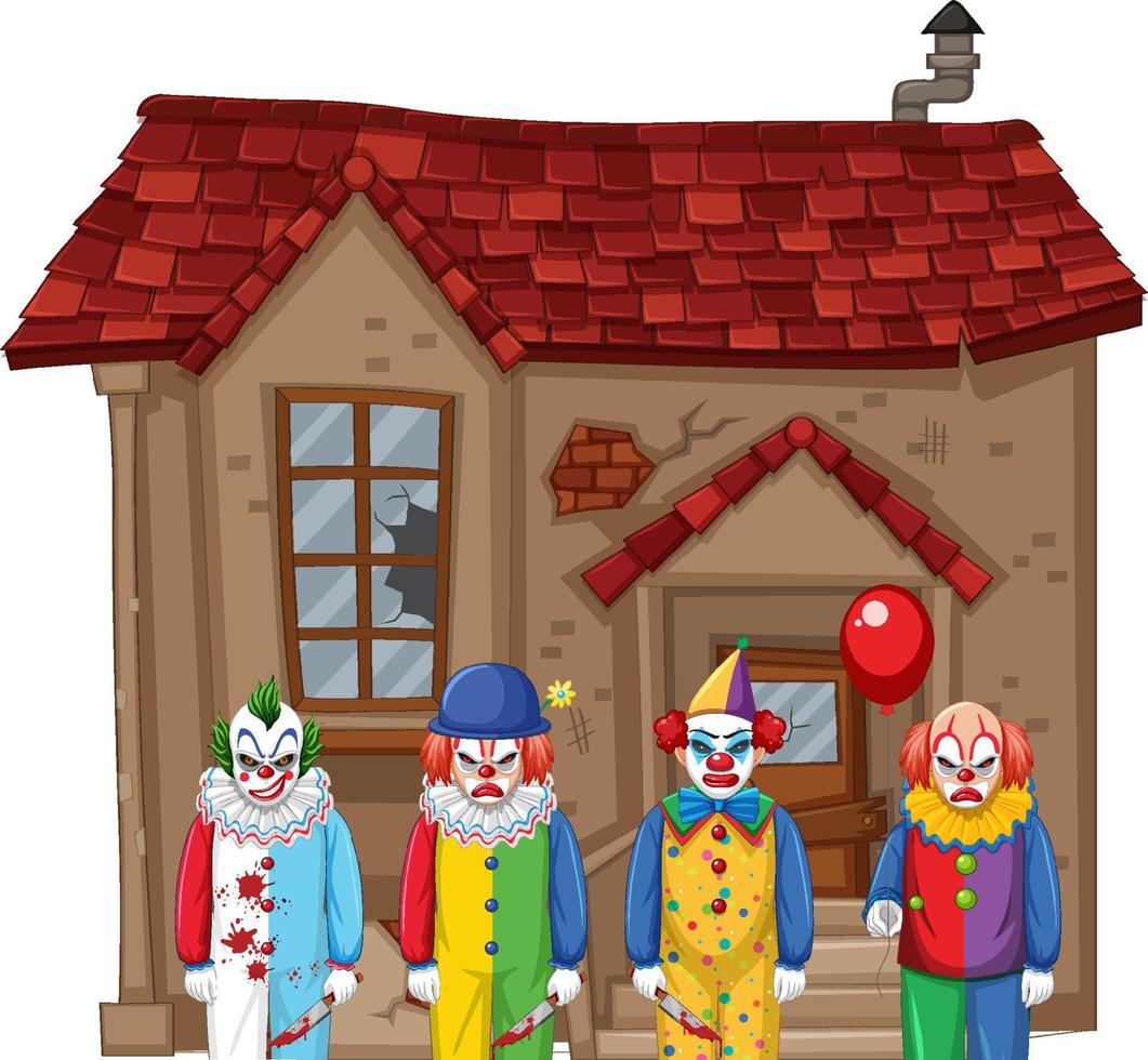 griezelige clowns die voor een verlaten huis staan vector