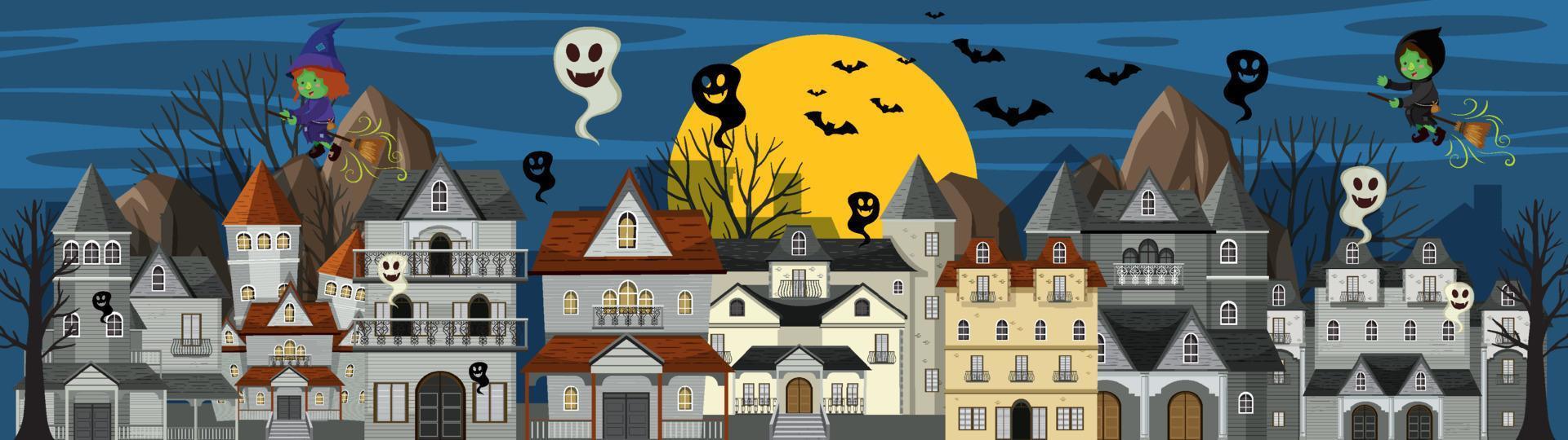 Halloween-dag met koloniale gebouwen 's nachts vector