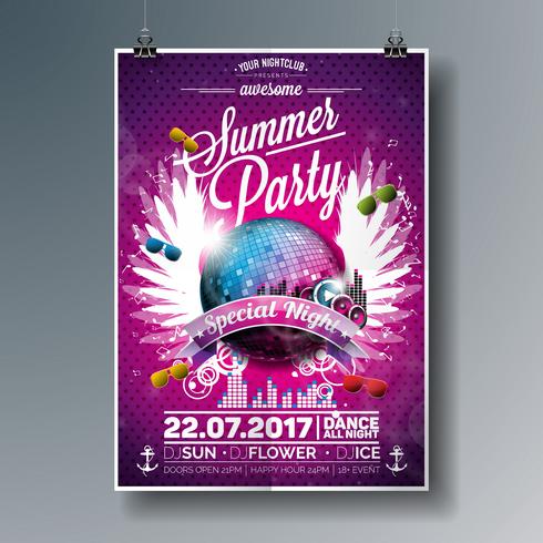 Vector zomer Beach Party Flyer Design met disco-ball en muziek elementen