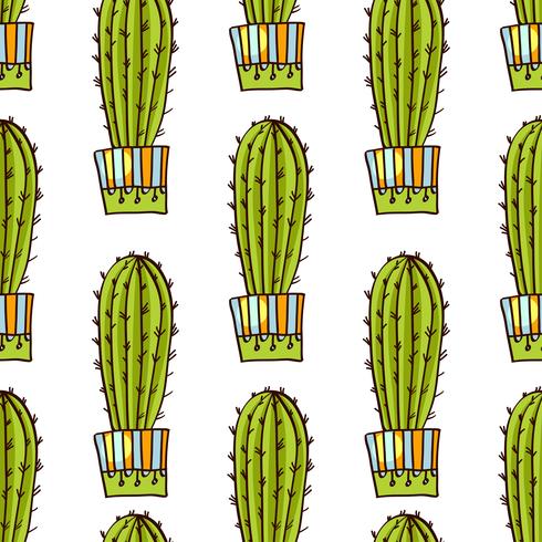 Naadloos patroon van cactussen en succulents in potten. In de hand getrokken stijl. vector