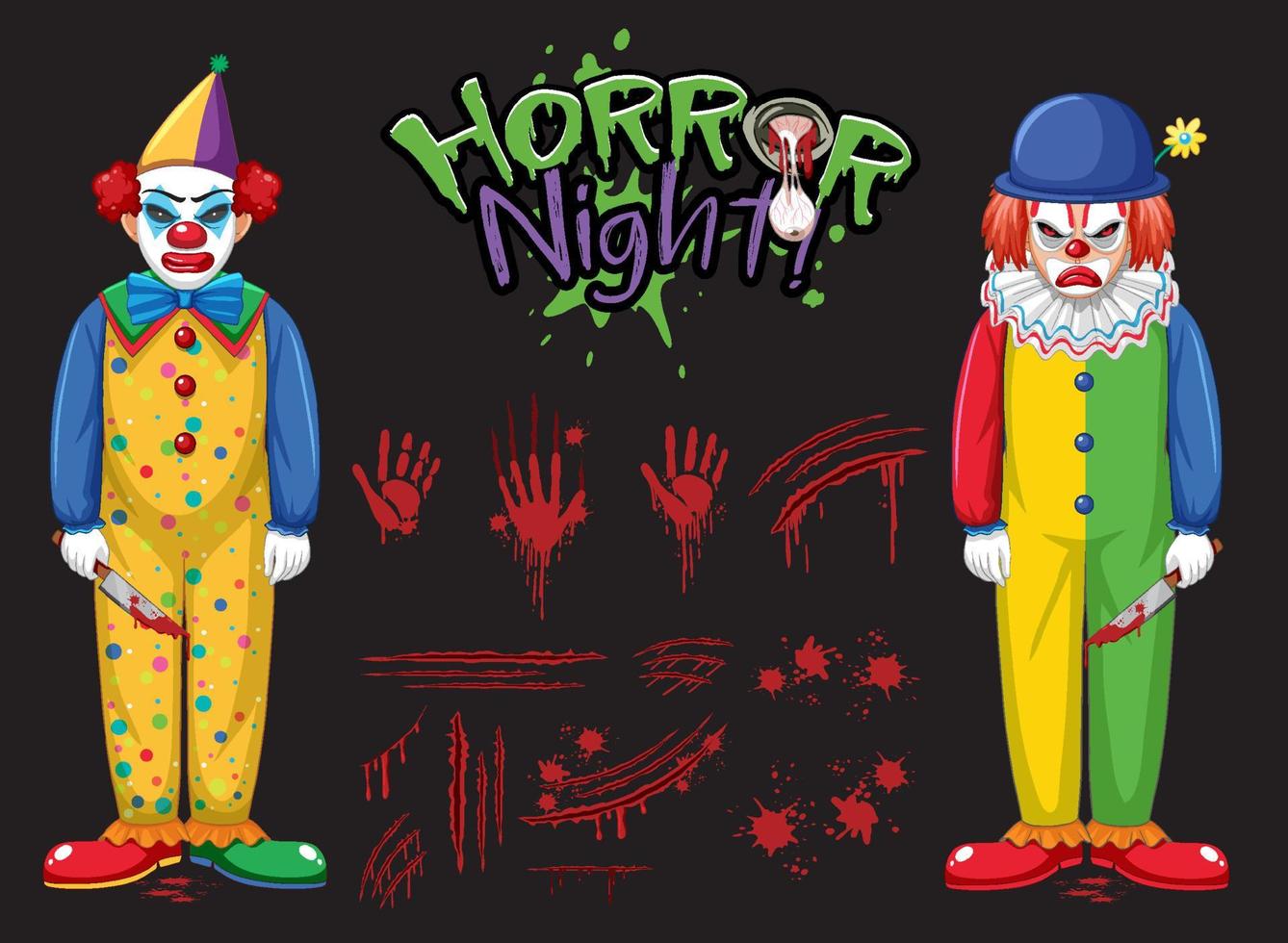 horror nacht tekst logo met griezelige clowns vector