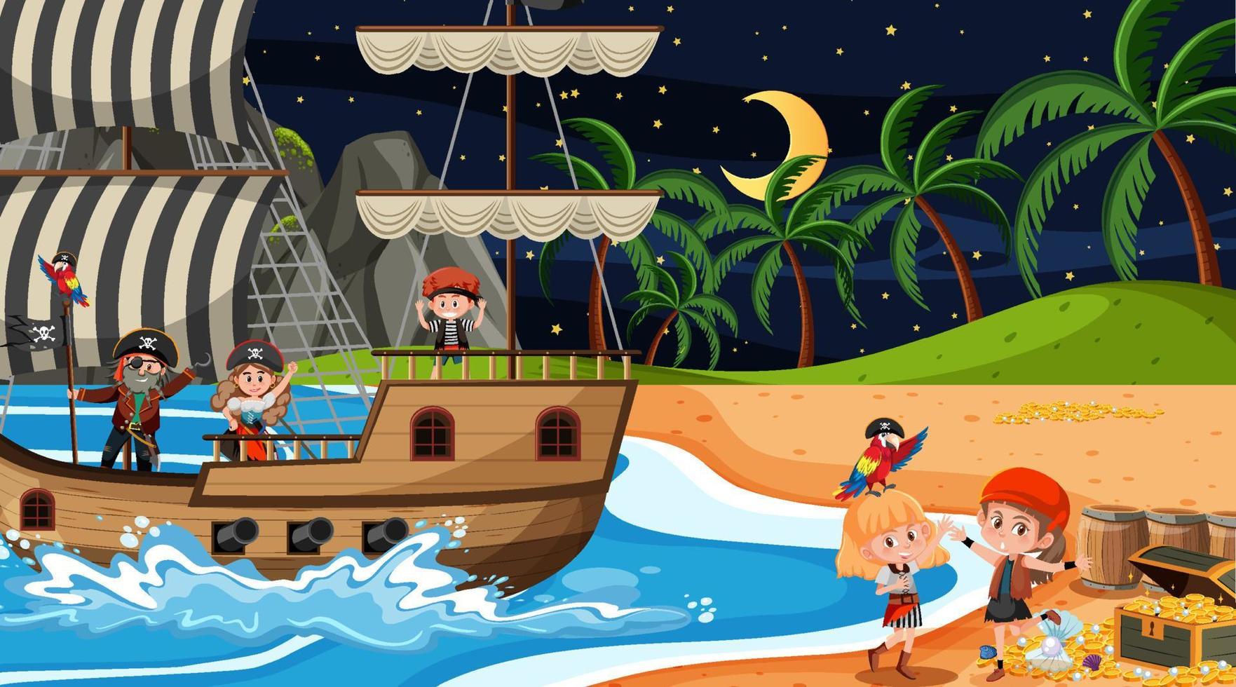 Treasure Island-scène 's nachts met piratenkinderen op het schip vector