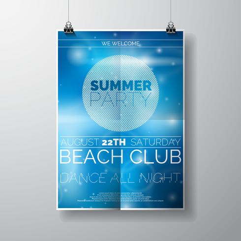 Vector partij flyer poster sjabloon op zomer strand thema met abstracte glanzende achtergrond.