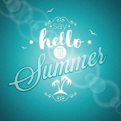 Zeg hallo tegen zomer inspiratie citaat op blauwe achtergrond. vector