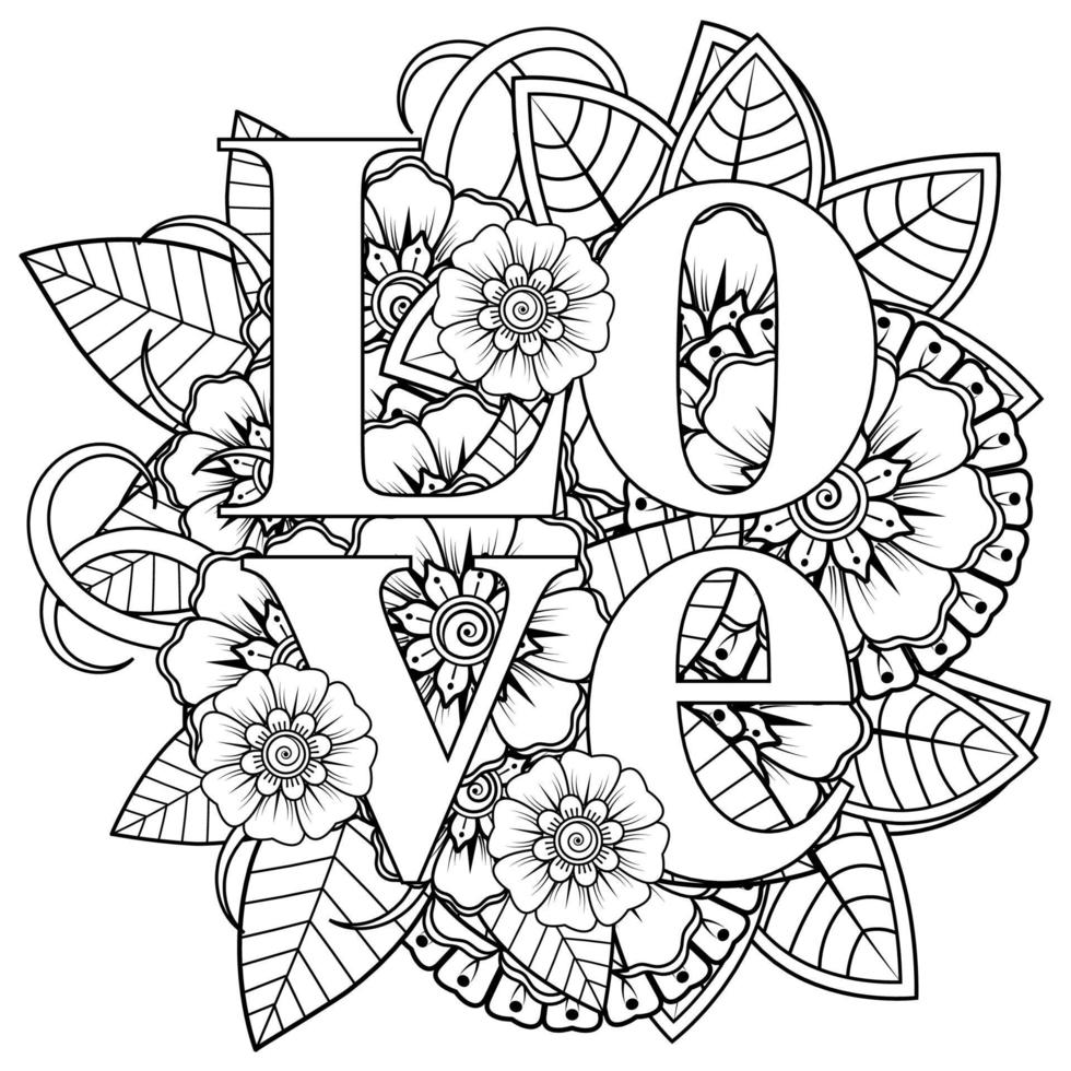 hou van woorden met mehndi-bloemen voor het kleuren van het doodle-ornament van de boekpagina vector