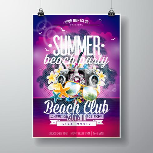 Vector zomer Beach Party Flyer Design met typografische en muziek elementen