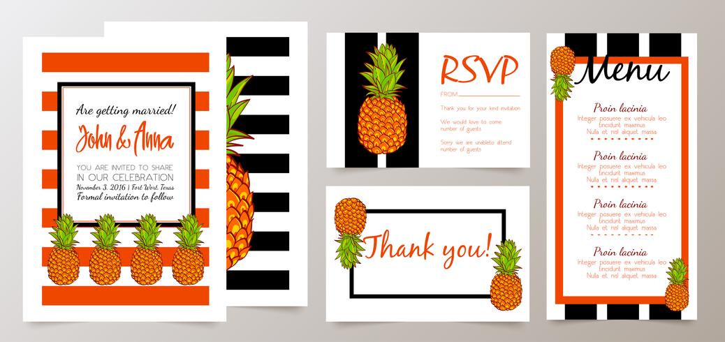 Bewaar de datum, bruiloft uitnodigingskaart met retro ananas vector