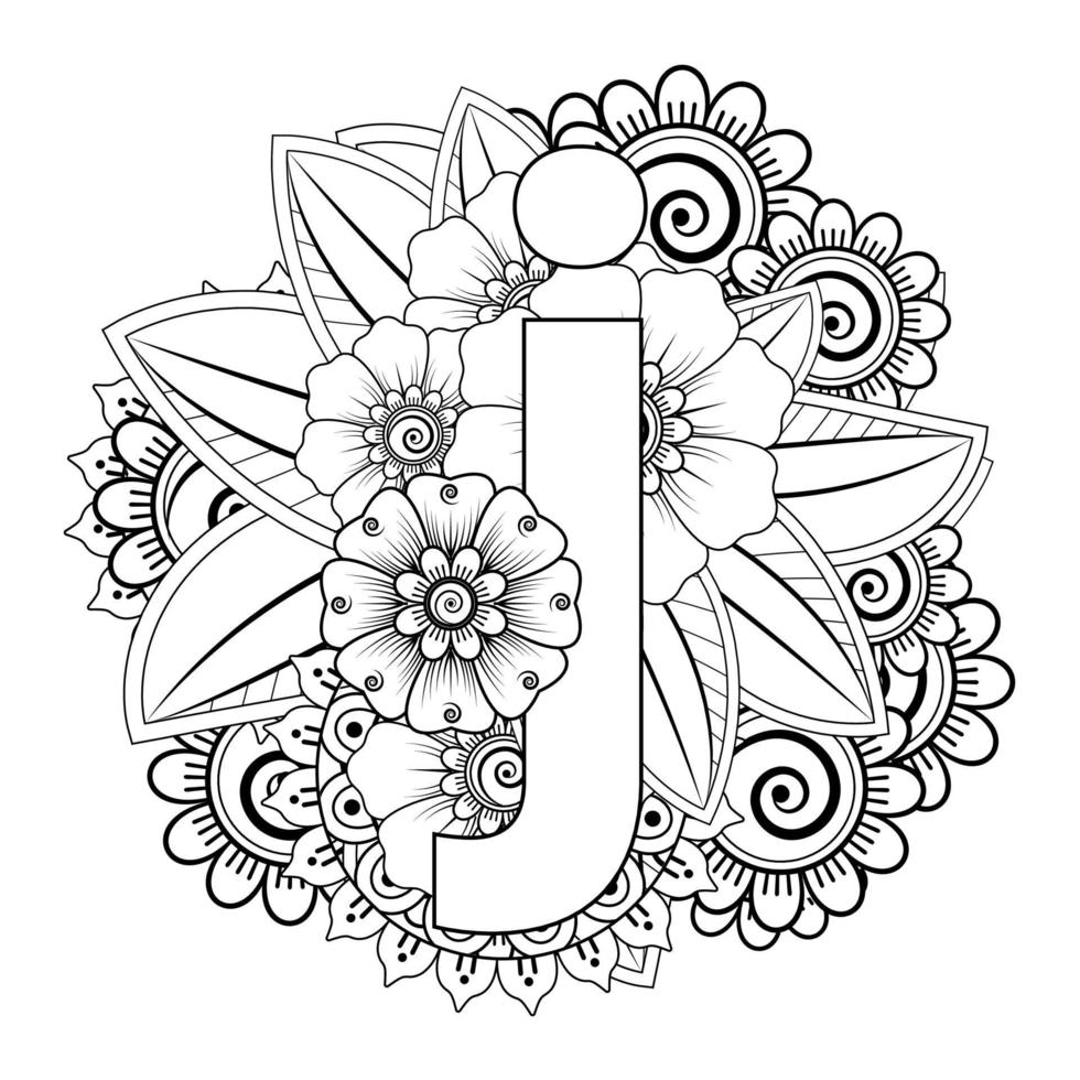letter j met mehndi-bloem. decoratief ornament in etnisch oosters vector