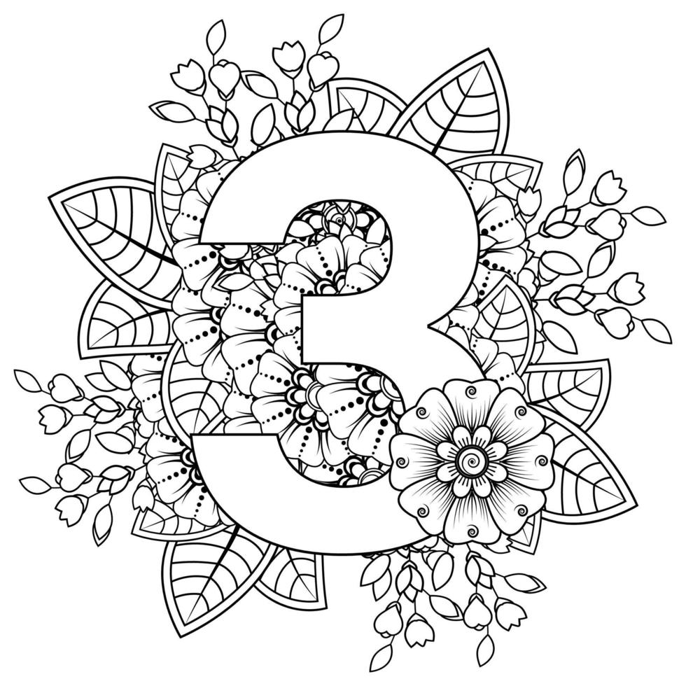 nummer 3 met mehndi bloem. decoratief ornament in etnisch oosters. vector