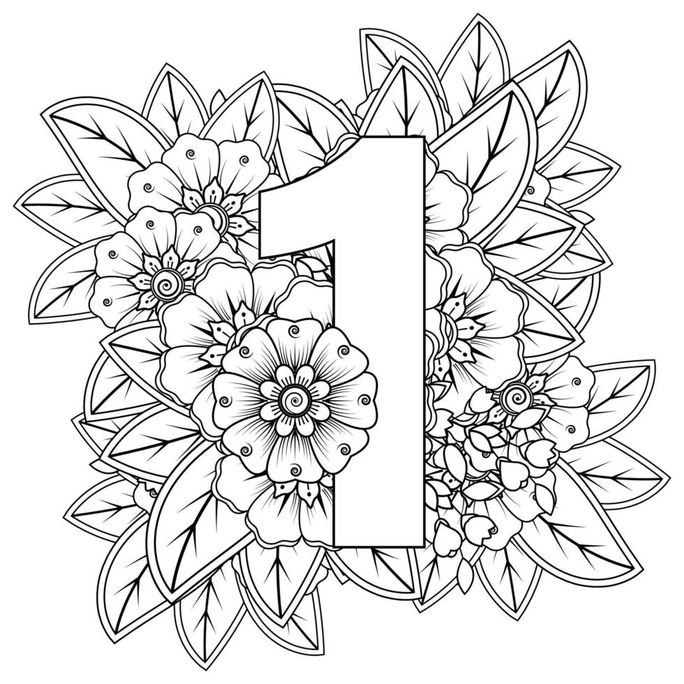 nummer 1 met mehndi-bloem. decoratief ornament in etnisch oosters. vector