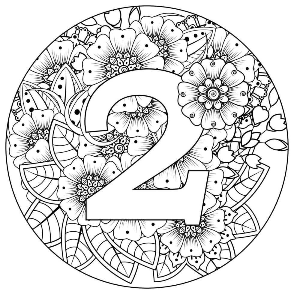 nummer 2 met mehndi bloem. decoratief ornament in etnisch oosters. vector