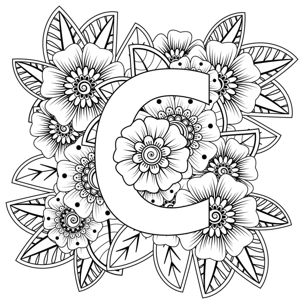 letter c met mehndi-bloem. decoratief ornament in etnisch oosters vector