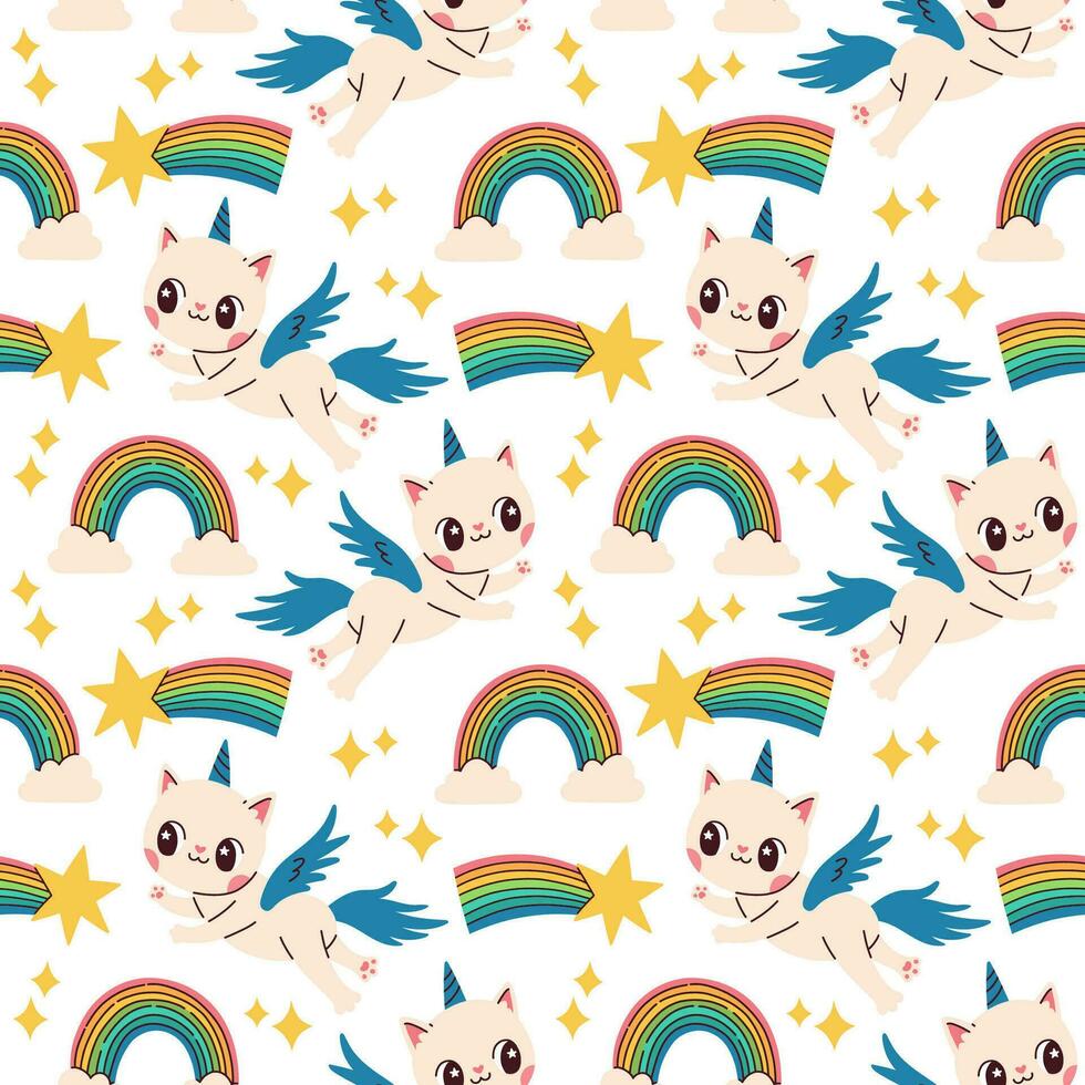 schattig caticorn naadloos patroon Aan wit achtergrond. vector illustratie voor verjaardag, uitnodiging, baby douche kaart, kinderen t-shirts.